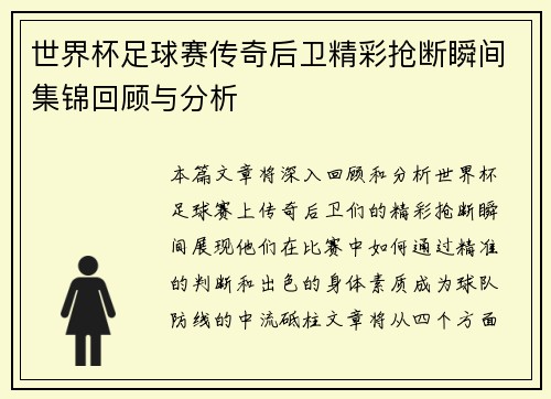 世界杯足球赛传奇后卫精彩抢断瞬间集锦回顾与分析